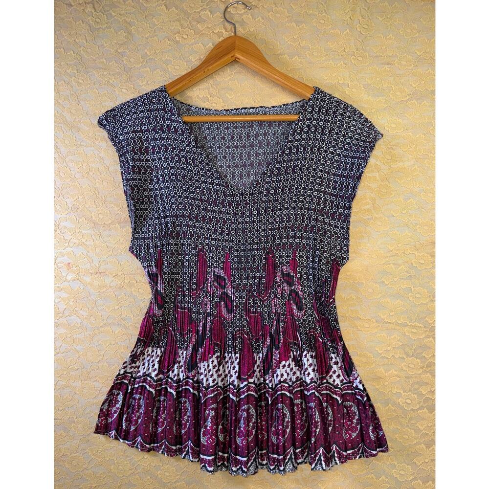 Sioni Micro Pleated Paisley Print Sleeveless Blouse Top Woman 2X Burgundy Black